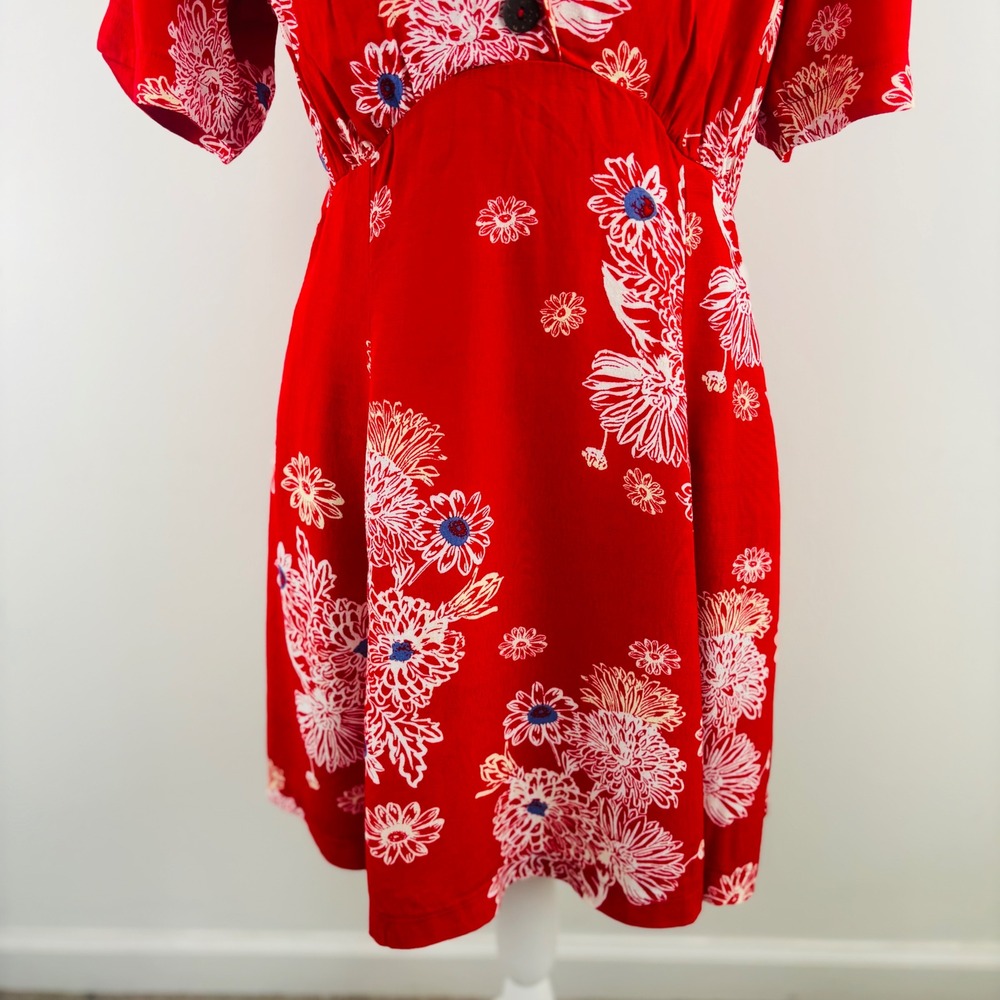 Free People Blue Hawaii Red Floral Print Mini Dress Bohemian Side Pockets Small - Picture 4 of 11